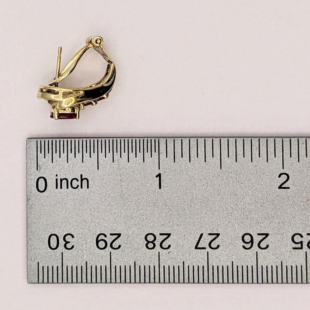 14K RUBY OVAL 4X6 (2) BAGUETTE (6) DIAMOND ROUND (24) BAGUETTE (12) OMEGA ESTATE EARRINGS 6.6 GRAMS