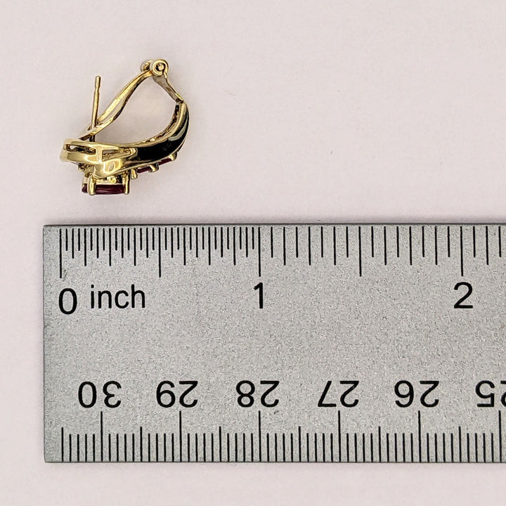 14K RUBY OVAL 4X6 (2) BAGUETTE (6) DIAMOND ROUND (24) BAGUETTE (12) OMEGA ESTATE EARRINGS 6.6 GRAMS