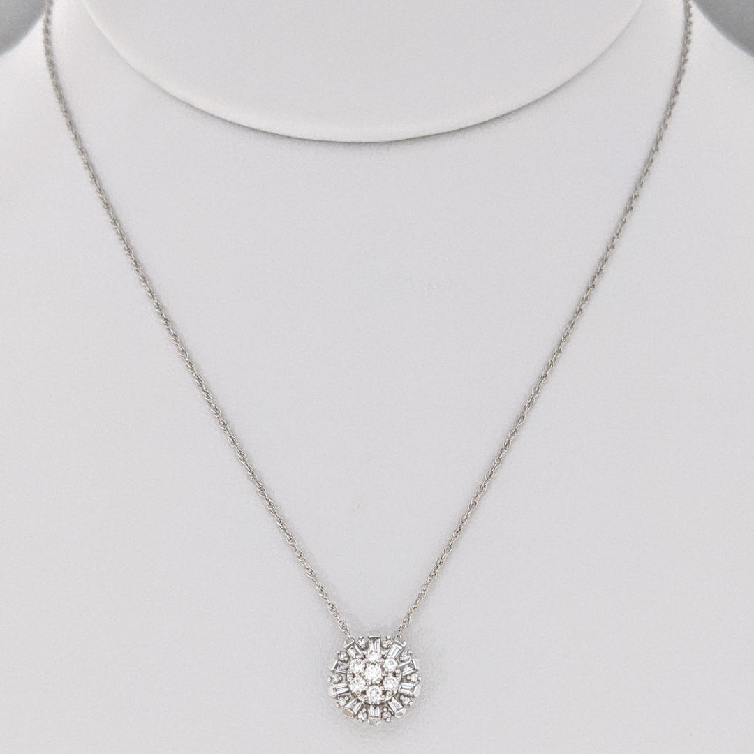 14K WHITE .25 CARAT TOTAL WEIGHT I-J DIAMOND ROUND AND BAGUETTE ESTATE CLUSTER PENDANT & CHAIN 2.1 GRAMS