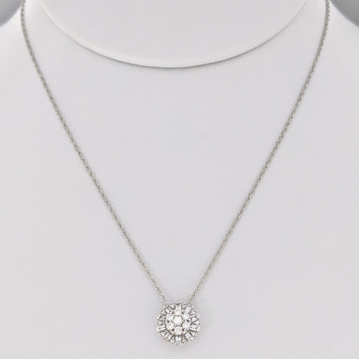 14K WHITE .25 CARAT TOTAL WEIGHT I-J DIAMOND ROUND AND BAGUETTE ESTATE CLUSTER PENDANT & CHAIN 2.1 GRAMS