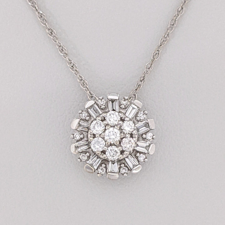 14K WHITE .25 CARAT TOTAL WEIGHT I-J DIAMOND ROUND AND BAGUETTE ESTATE CLUSTER PENDANT & CHAIN 2.1 GRAMS
