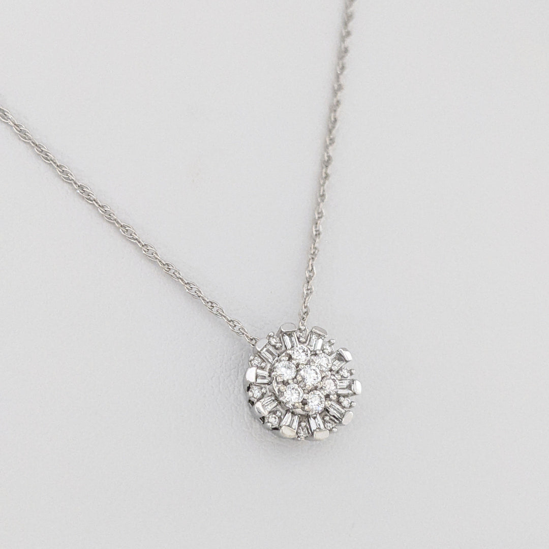14K WHITE .25 CARAT TOTAL WEIGHT I-J DIAMOND ROUND AND BAGUETTE ESTATE CLUSTER PENDANT & CHAIN 2.1 GRAMS