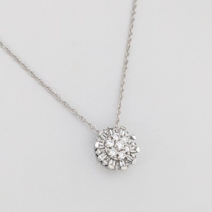 14K WHITE .25 CARAT TOTAL WEIGHT I-J DIAMOND ROUND AND BAGUETTE ESTATE CLUSTER PENDANT & CHAIN 2.1 GRAMS