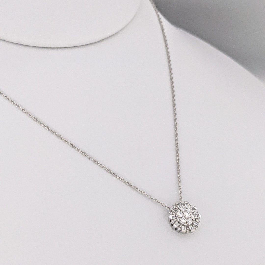 14K WHITE .25 CARAT TOTAL WEIGHT I-J DIAMOND ROUND AND BAGUETTE ESTATE CLUSTER PENDANT & CHAIN 2.1 GRAMS