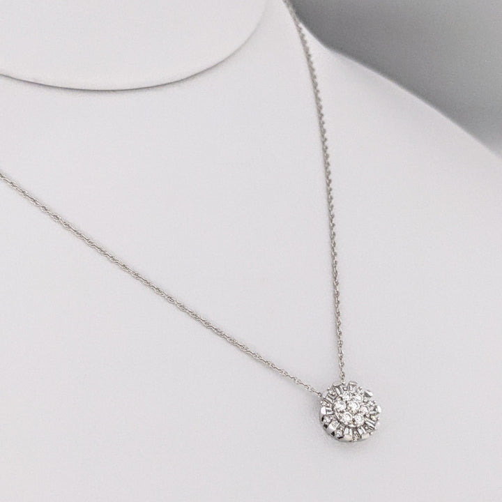 14K WHITE .25 CARAT TOTAL WEIGHT I-J DIAMOND ROUND AND BAGUETTE ESTATE CLUSTER PENDANT & CHAIN 2.1 GRAMS