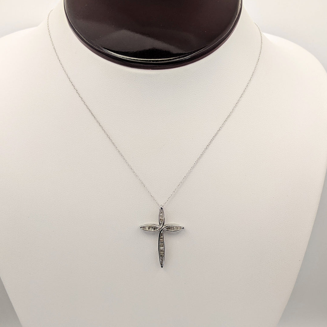 10K WHITE .30 CARAT TOTAL WEIGHT DIAMOND BAGUETTE (36) ESTATE CROSS PENDANT & CHAIN 1.7 GRAMS