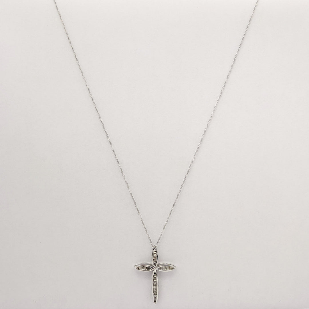 10K WHITE .30 CARAT TOTAL WEIGHT DIAMOND BAGUETTE (36) ESTATE CROSS PENDANT & CHAIN 1.7 GRAMS