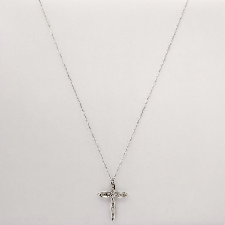 10K WHITE .30 CARAT TOTAL WEIGHT DIAMOND BAGUETTE (36) ESTATE CROSS PENDANT & CHAIN 1.7 GRAMS