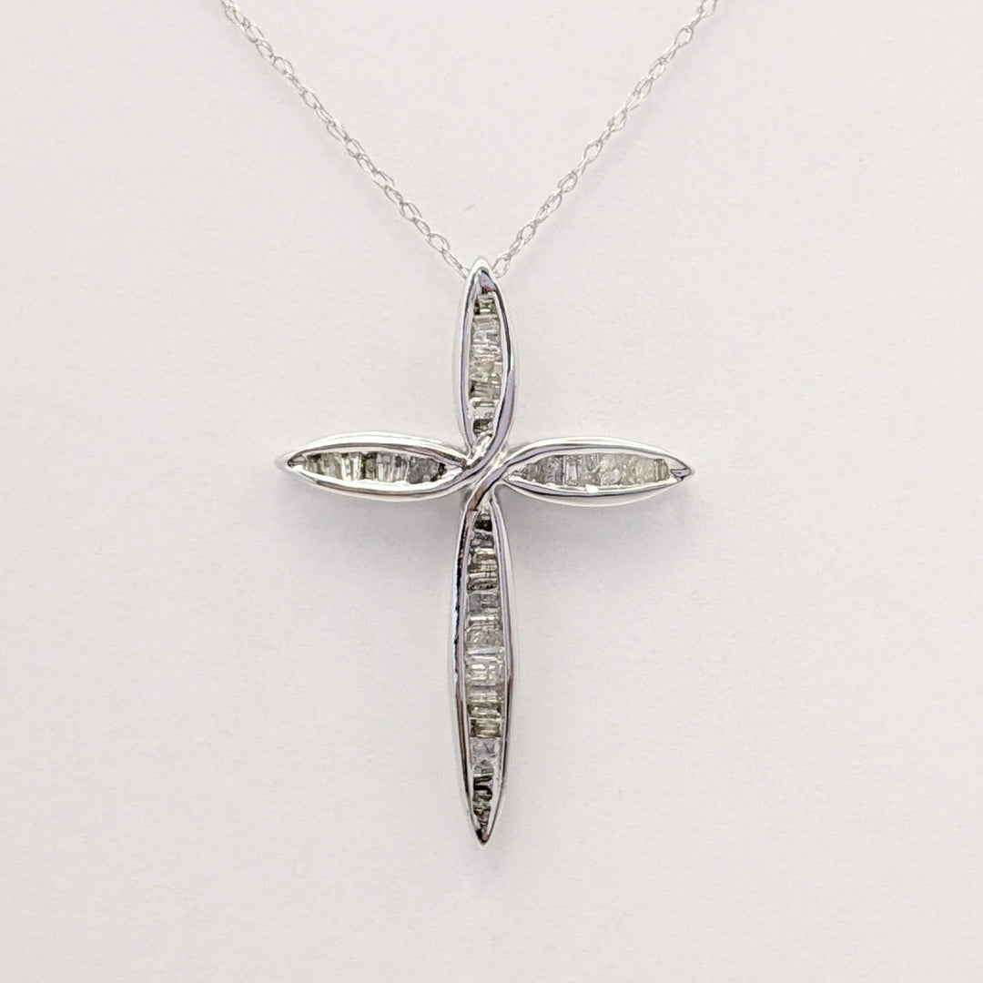 10K WHITE .30 CARAT TOTAL WEIGHT DIAMOND BAGUETTE (36) ESTATE CROSS PENDANT & CHAIN 1.7 GRAMS