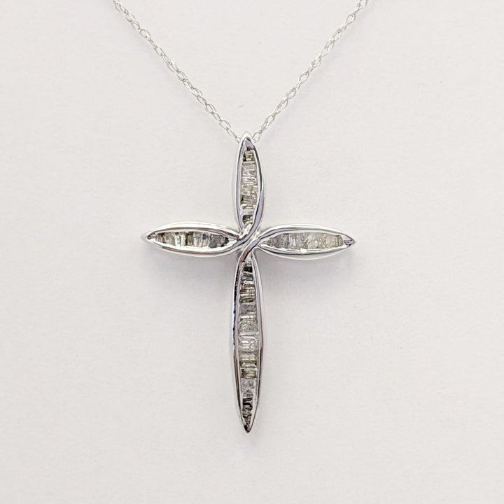 10K WHITE .30 CARAT TOTAL WEIGHT DIAMOND BAGUETTE (36) ESTATE CROSS PENDANT & CHAIN 1.7 GRAMS
