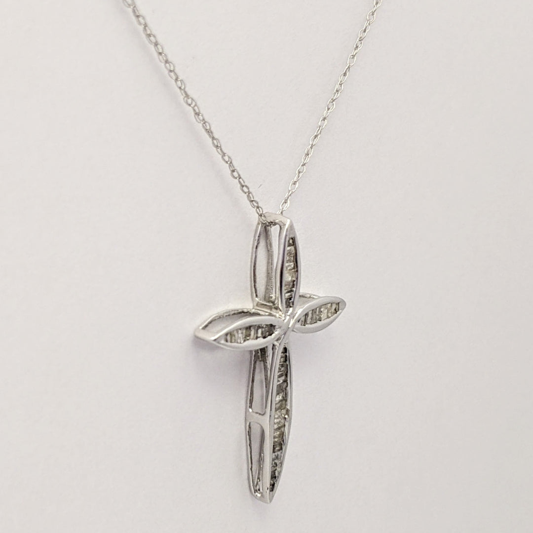 10K WHITE .30 CARAT TOTAL WEIGHT DIAMOND BAGUETTE (36) ESTATE CROSS PENDANT & CHAIN 1.7 GRAMS