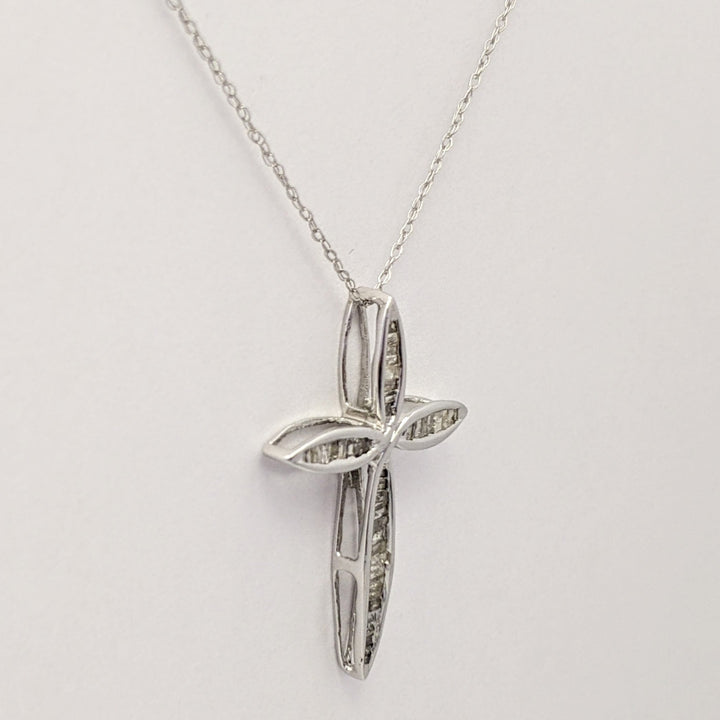 10K WHITE .30 CARAT TOTAL WEIGHT DIAMOND BAGUETTE (36) ESTATE CROSS PENDANT & CHAIN 1.7 GRAMS