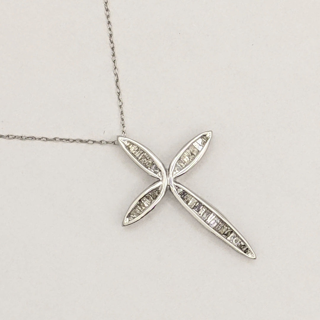 10K WHITE .30 CARAT TOTAL WEIGHT DIAMOND BAGUETTE (36) ESTATE CROSS PENDANT & CHAIN 1.7 GRAMS