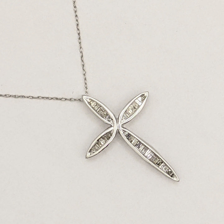 10K WHITE .30 CARAT TOTAL WEIGHT DIAMOND BAGUETTE (36) ESTATE CROSS PENDANT & CHAIN 1.7 GRAMS