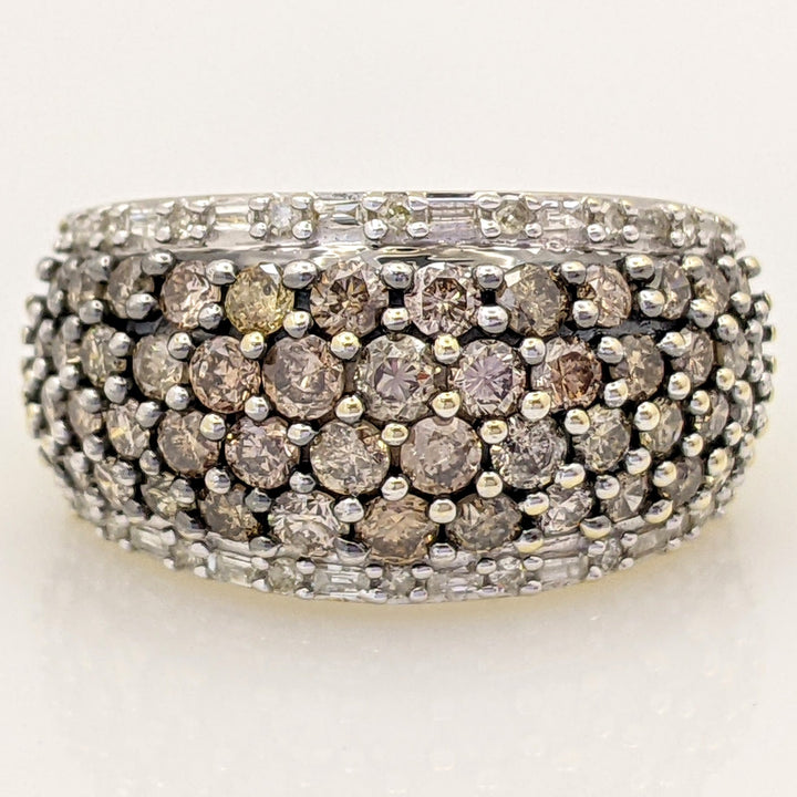 10K 1.40 CARAT TOTAL WEIGHT I1 CHAMPAGNE DIAMOND ROUND (50) WITH WHITE ROUND AND BAGUETTE TRIM ESTATE BAND 6.6 GRAMS