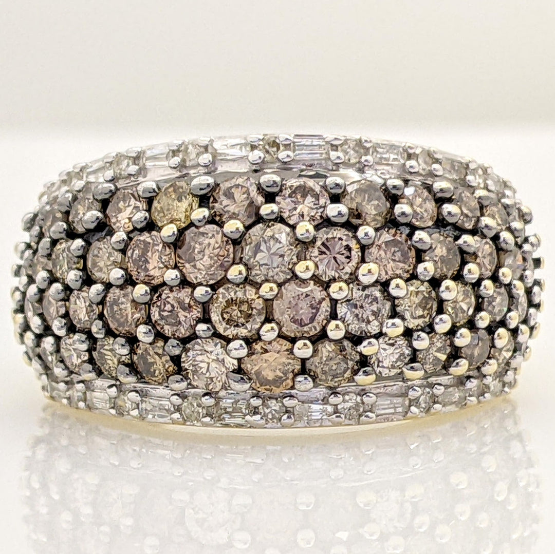 10K 1.40 CARAT TOTAL WEIGHT I1 CHAMPAGNE DIAMOND ROUND (50) WITH WHITE ROUND AND BAGUETTE TRIM ESTATE BAND 6.6 GRAMS