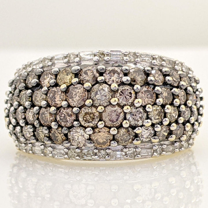 10K 1.40 CARAT TOTAL WEIGHT I1 CHAMPAGNE DIAMOND ROUND (50) WITH WHITE ROUND AND BAGUETTE TRIM ESTATE BAND 6.6 GRAMS