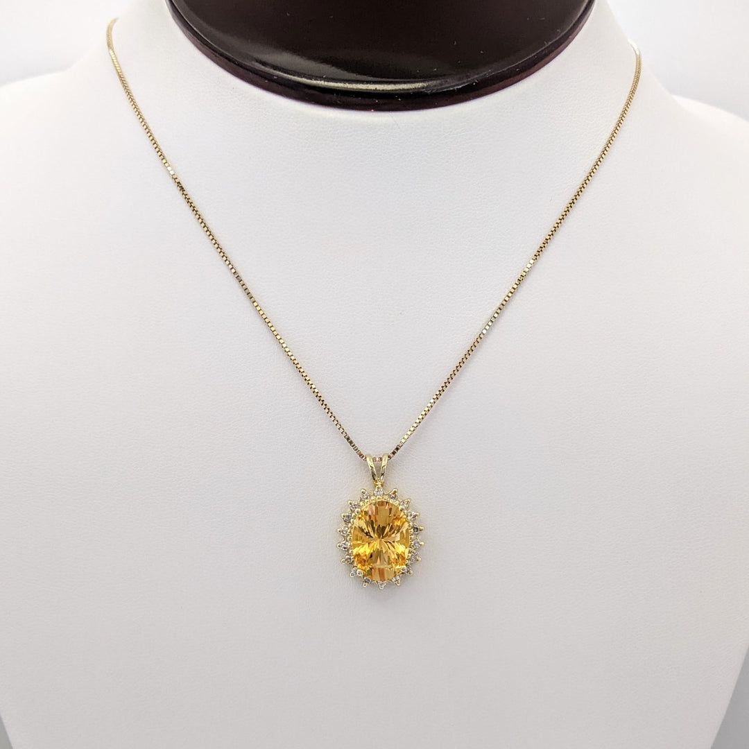 14K CITRINE OVAL 10X14 WITH (18) MELEE ESTATE PENDANT & CHAIN 6.5 GRAMS