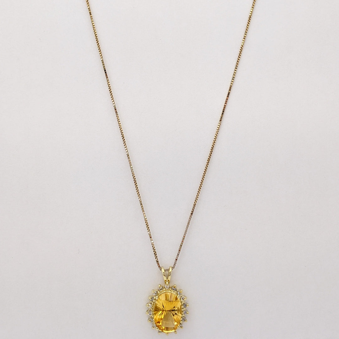 14K CITRINE OVAL 10X14 WITH (18) MELEE ESTATE PENDANT & CHAIN 6.5 GRAMS