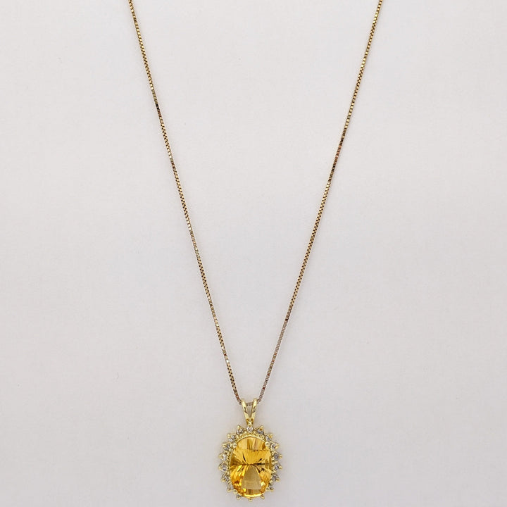 14K CITRINE OVAL 10X14 WITH (18) MELEE ESTATE PENDANT & CHAIN 6.5 GRAMS