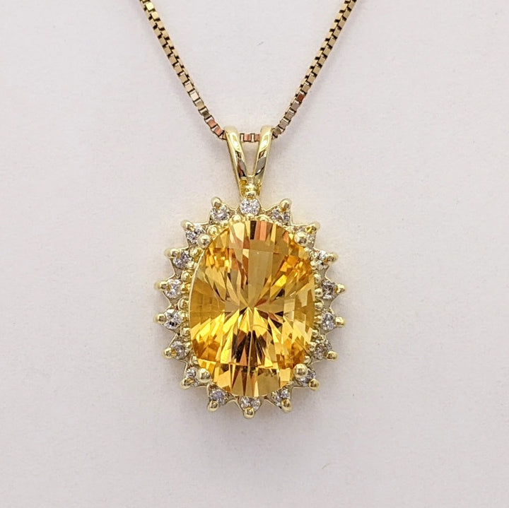 14K CITRINE OVAL 10X14 WITH (18) MELEE ESTATE PENDANT & CHAIN 6.5 GRAMS