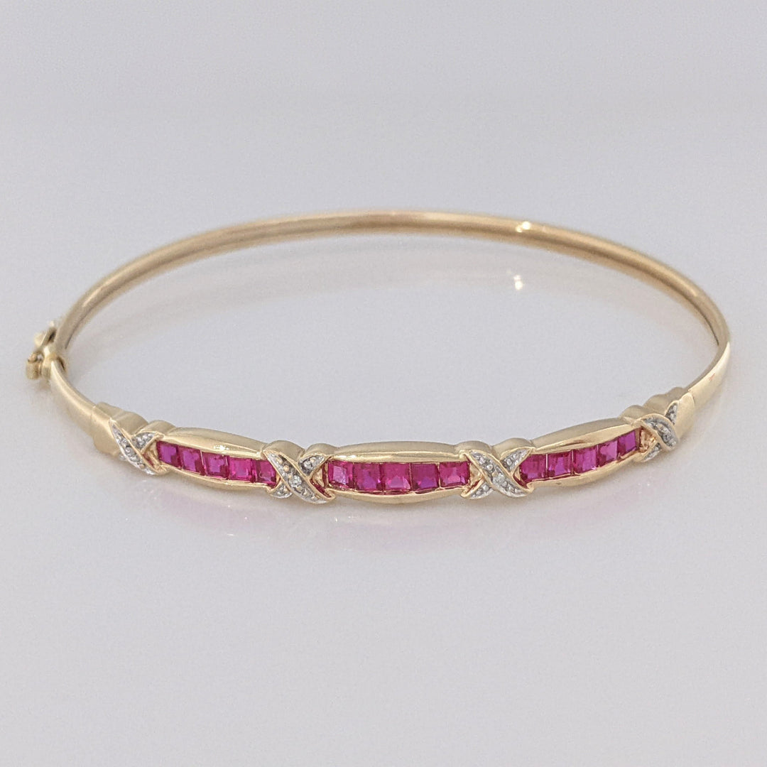 10K SYNTHETIC RUBY PRINCESS CUT (15) WITH (4) MELEE ESTATE BANGLE 5.9 GRAMS