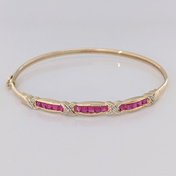 10K SYNTHETIC RUBY PRINCESS CUT (15) WITH (4) MELEE ESTATE BANGLE 5.9 GRAMS