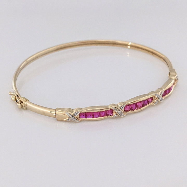 10K SYNTHETIC RUBY PRINCESS CUT (15) WITH (4) MELEE ESTATE BANGLE 5.9 GRAMS