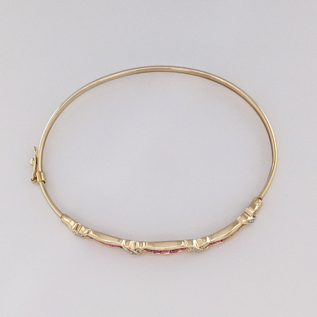 10K SYNTHETIC RUBY PRINCESS CUT (15) WITH (4) MELEE ESTATE BANGLE 5.9 GRAMS