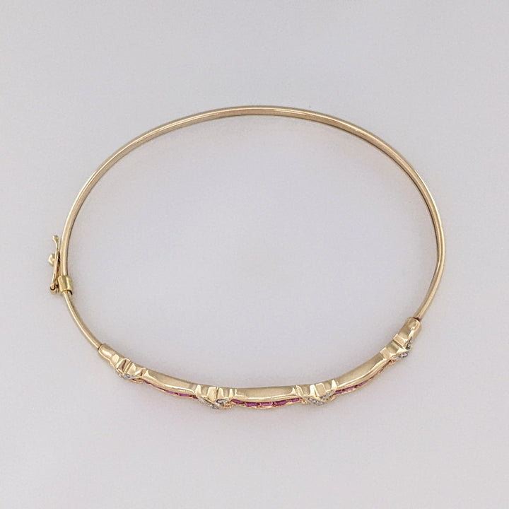 10K SYNTHETIC RUBY PRINCESS CUT (15) WITH (4) MELEE ESTATE BANGLE 5.9 GRAMS