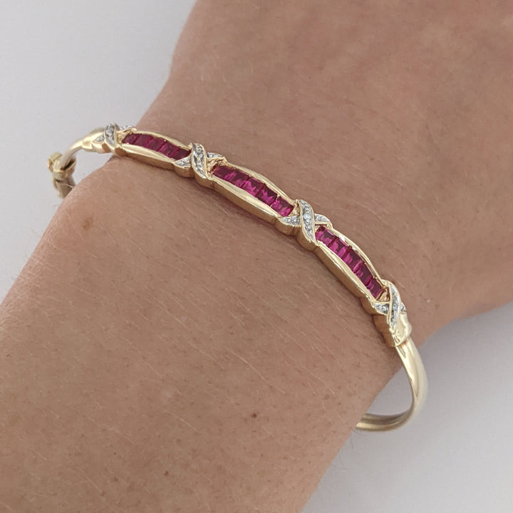 10K SYNTHETIC RUBY PRINCESS CUT (15) WITH (4) MELEE ESTATE BANGLE 5.9 GRAMS