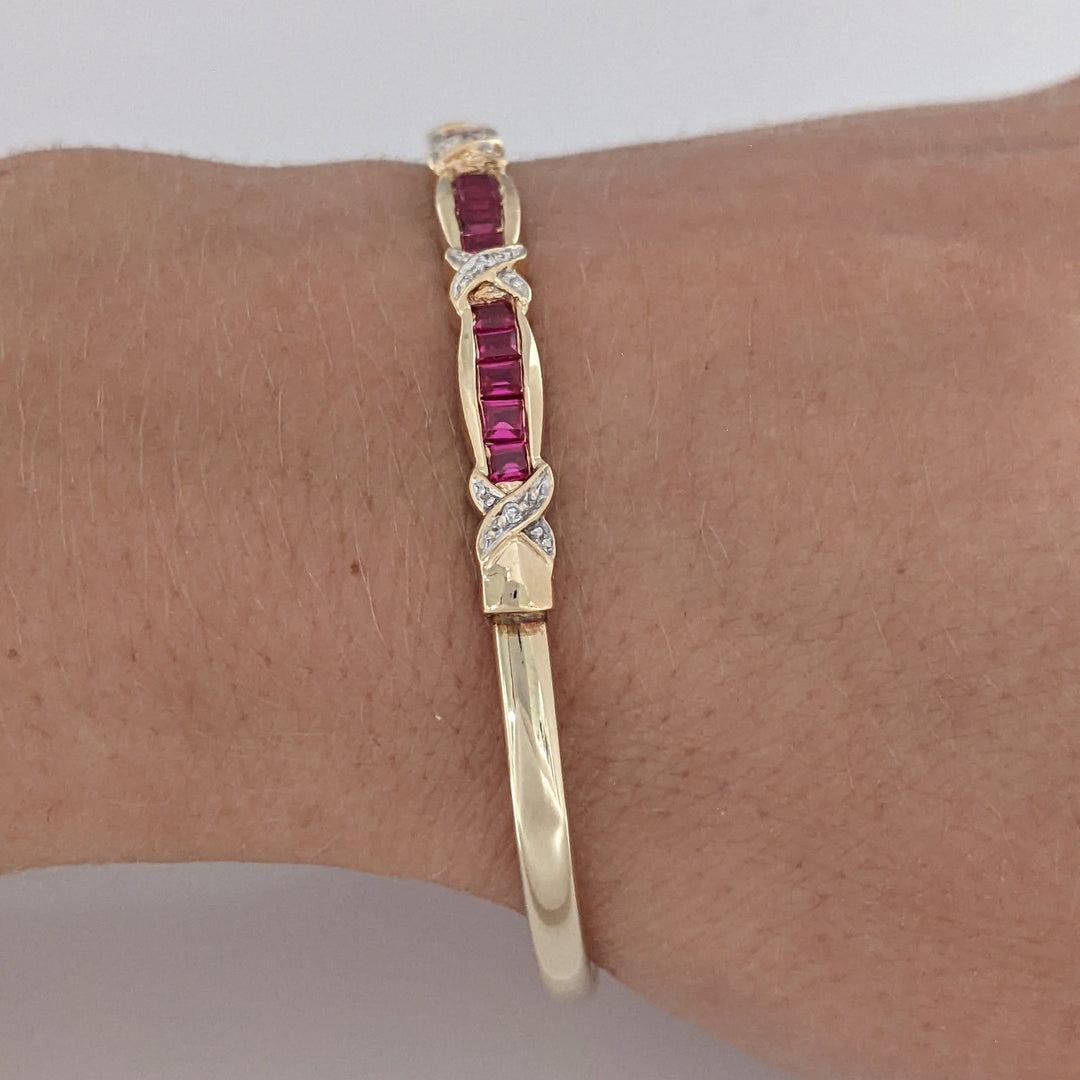 10K SYNTHETIC RUBY PRINCESS CUT (15) WITH (4) MELEE ESTATE BANGLE 5.9 GRAMS