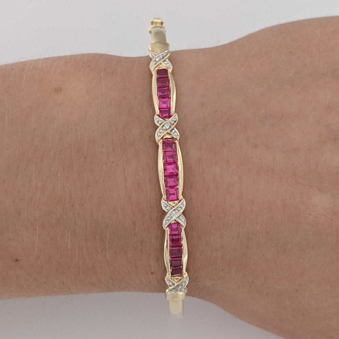 10K SYNTHETIC RUBY PRINCESS CUT (15) WITH (4) MELEE ESTATE BANGLE 5.9 GRAMS
