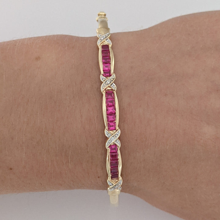 10K SYNTHETIC RUBY PRINCESS CUT (15) WITH (4) MELEE ESTATE BANGLE 5.9 GRAMS