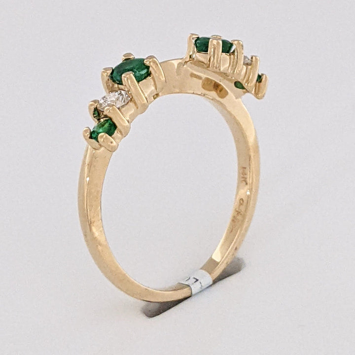 14K EMERALD ROUND 2-3MM (4) DIAMOND ROUND (2) .12 CARAT TOTAL WEIGHT ESTATE WRAP 2.6 GRAMS