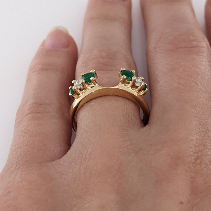 14K EMERALD ROUND 2-3MM (4) DIAMOND ROUND (2) .12 CARAT TOTAL WEIGHT ESTATE WRAP 2.6 GRAMS