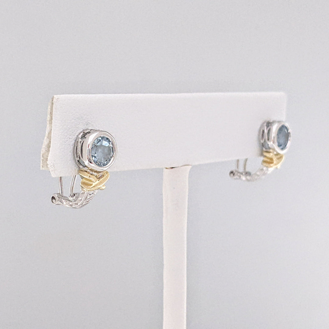 14K TWO-TONE AQUAMARINE ROUND 5.5MM BEZEL OMEGA ESTATE EARRINGS 3.2 GRAMS