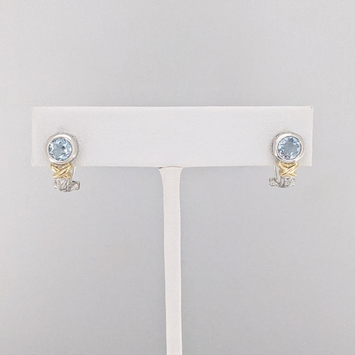 14K TWO-TONE AQUAMARINE ROUND 5.5MM BEZEL OMEGA ESTATE EARRINGS 3.2 GRAMS