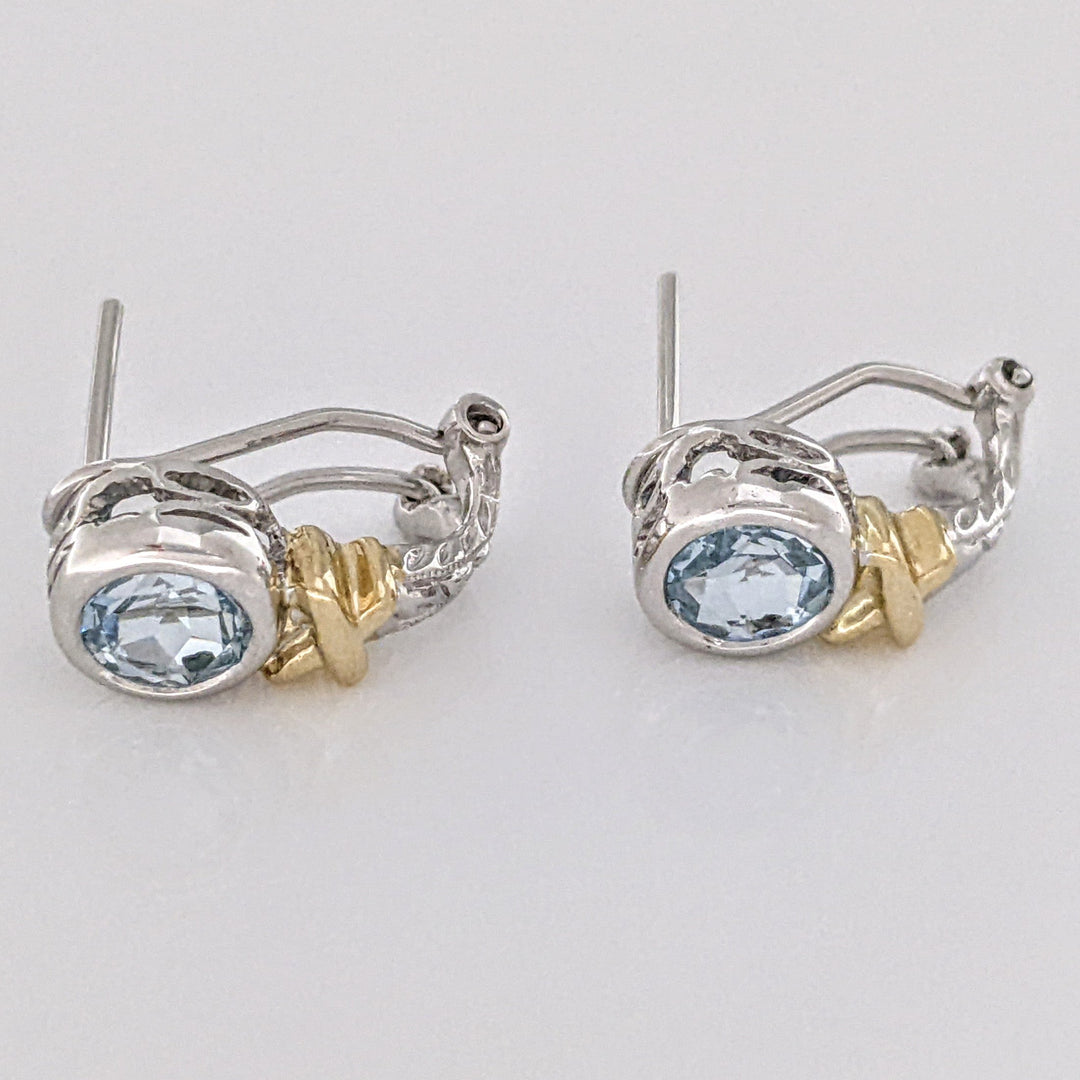 14K TWO-TONE AQUAMARINE ROUND 5.5MM BEZEL OMEGA ESTATE EARRINGS 3.2 GRAMS