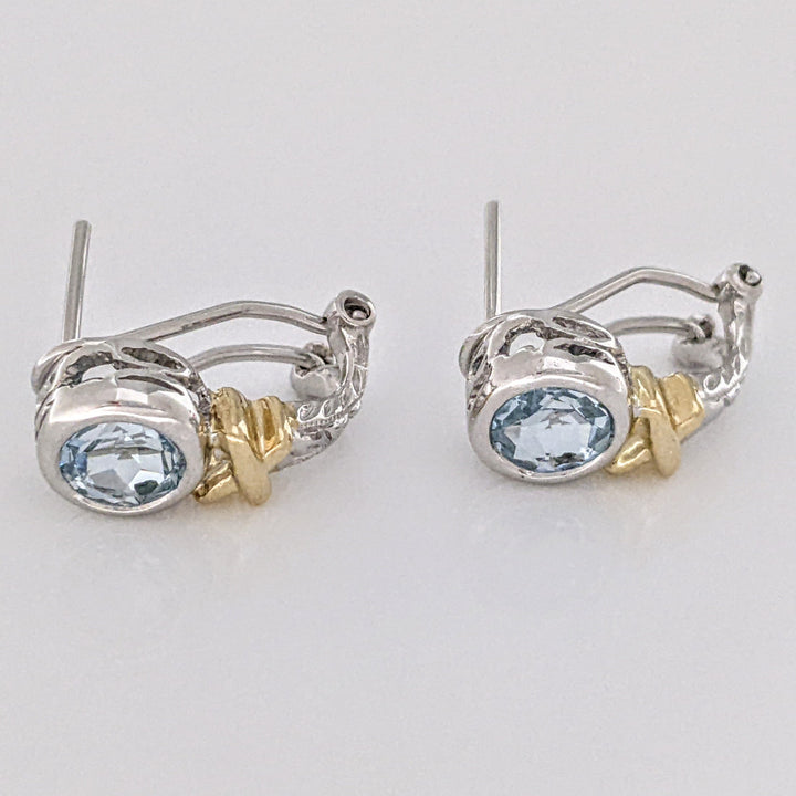 14K TWO-TONE AQUAMARINE ROUND 5.5MM BEZEL OMEGA ESTATE EARRINGS 3.2 GRAMS