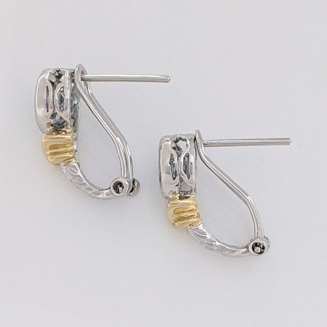 14K TWO-TONE AQUAMARINE ROUND 5.5MM BEZEL OMEGA ESTATE EARRINGS 3.2 GRAMS