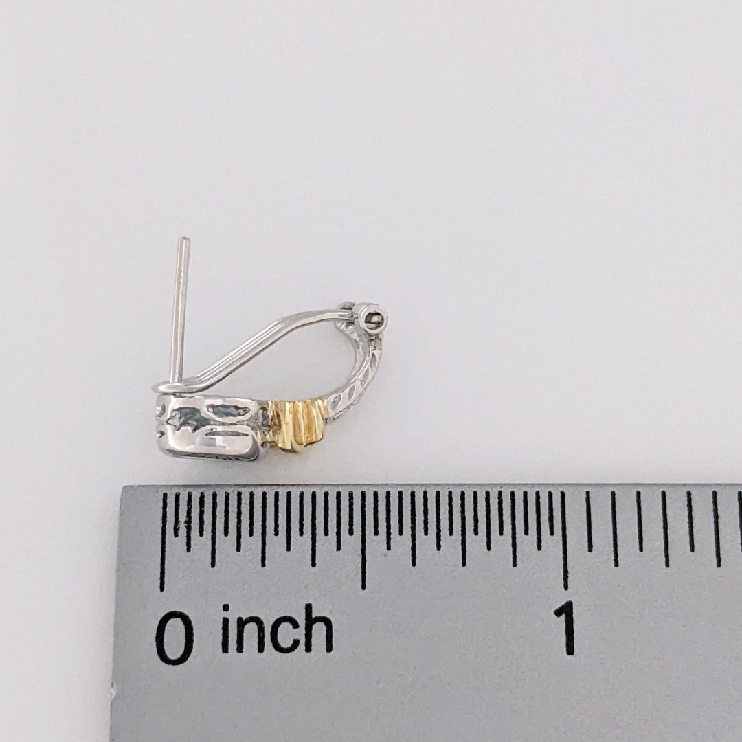 14K TWO-TONE AQUAMARINE ROUND 5.5MM BEZEL OMEGA ESTATE EARRINGS 3.2 GRAMS