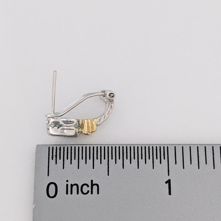 14K TWO-TONE AQUAMARINE ROUND 5.5MM BEZEL OMEGA ESTATE EARRINGS 3.2 GRAMS
