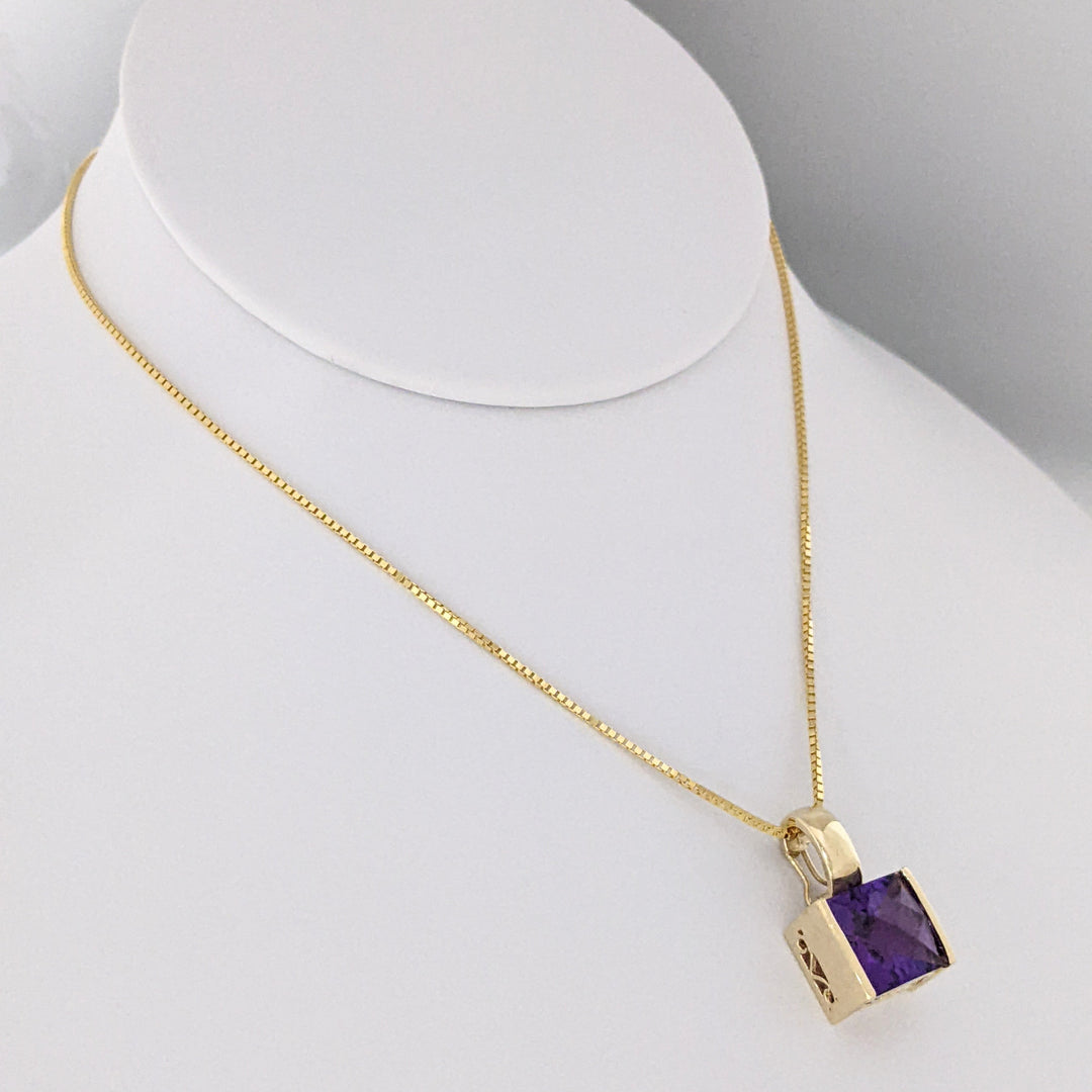 14K AMETHYST PRINCESS CUT 10MM BAR SET ESTATE PENDANT & CHAIN 8.1 GRAMS