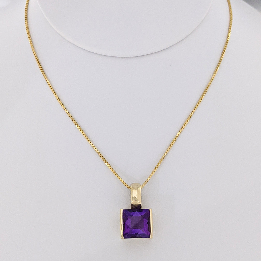 14K AMETHYST PRINCESS CUT 10MM BAR SET ESTATE PENDANT & CHAIN 8.1 GRAMS