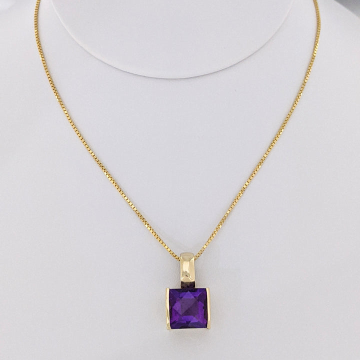 14K AMETHYST PRINCESS CUT 10MM BAR SET ESTATE PENDANT & CHAIN 8.1 GRAMS