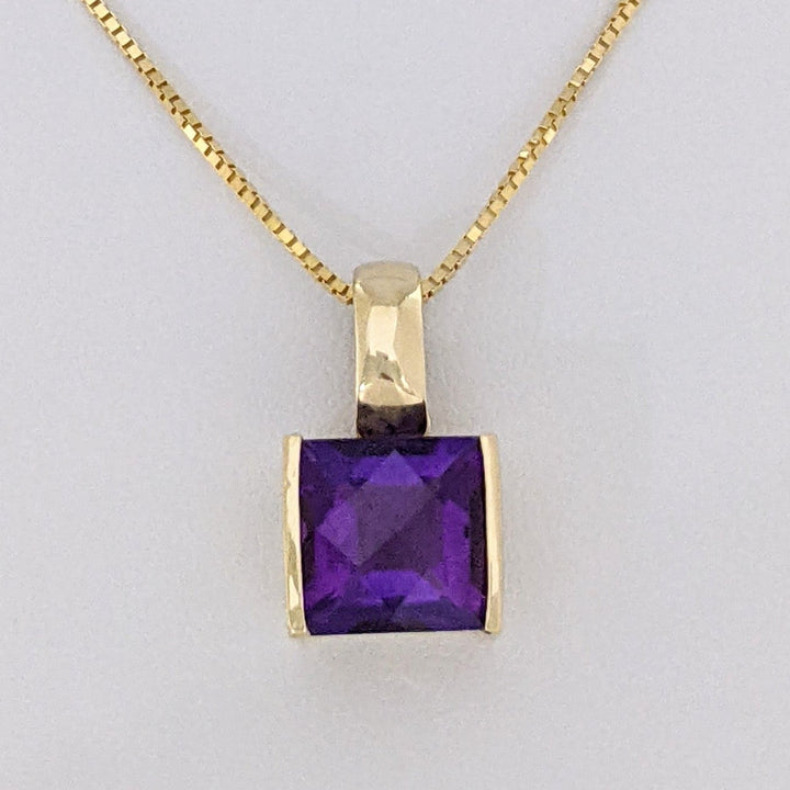 14K AMETHYST PRINCESS CUT 10MM BAR SET ESTATE PENDANT & CHAIN 8.1 GRAMS