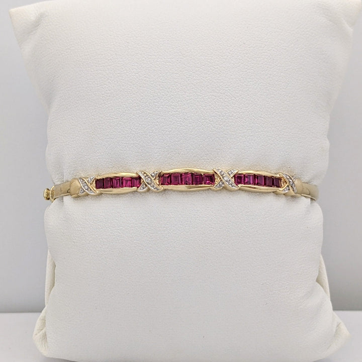 10K SYNTHETIC RUBY PRINCESS CUT (15) WITH (4) MELEE ESTATE BANGLE 5.9 GRAMS
