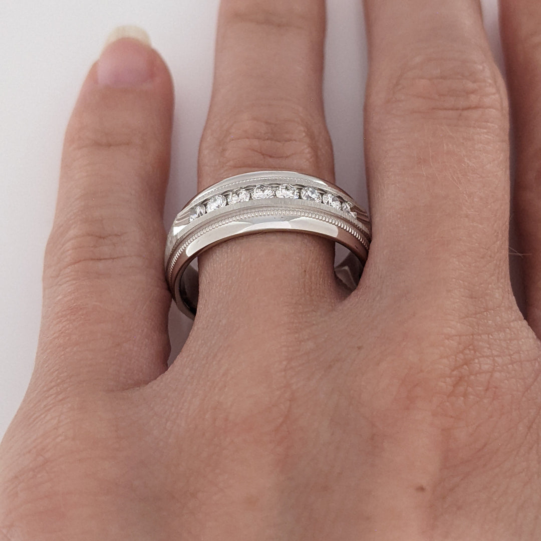 14K WHITE .48 CARAT TOTAL WEIGHT SI1 I DIAMOND ROUND (8) MILGRAIN DESIGN ESTATE BAND 9.3 GRAMS