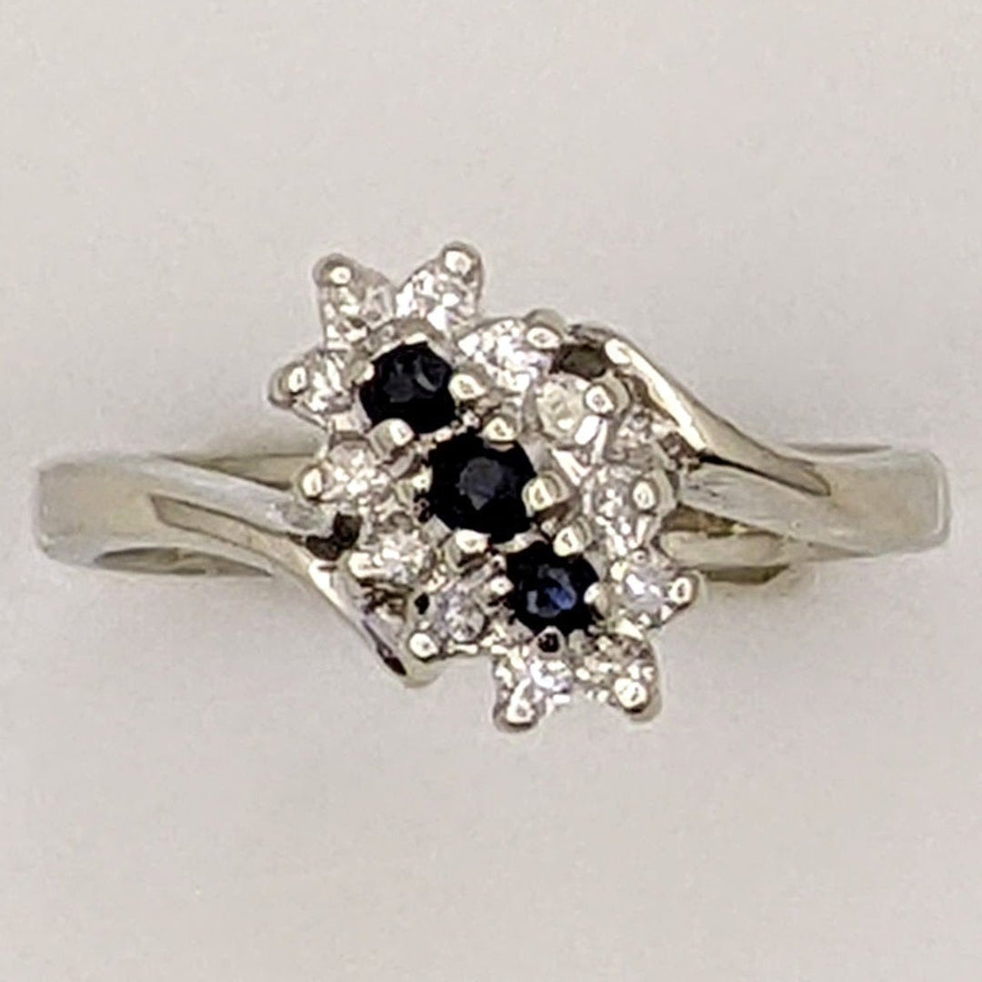 14K WHITE SAPPHIRE ROUND (3) WITH (12) MELEE ESTATE CLUSTER RING 2.3 GRAMS